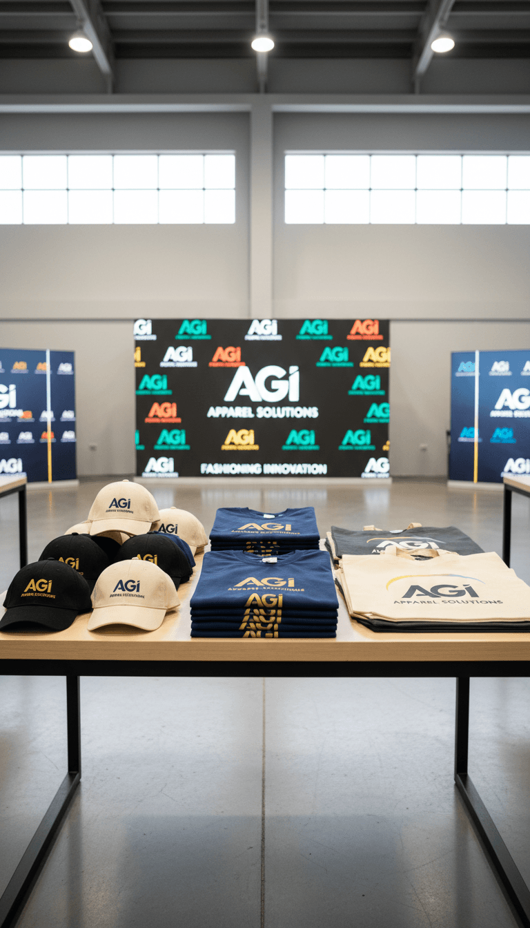 Corporate event display of branded merchandise and apparel