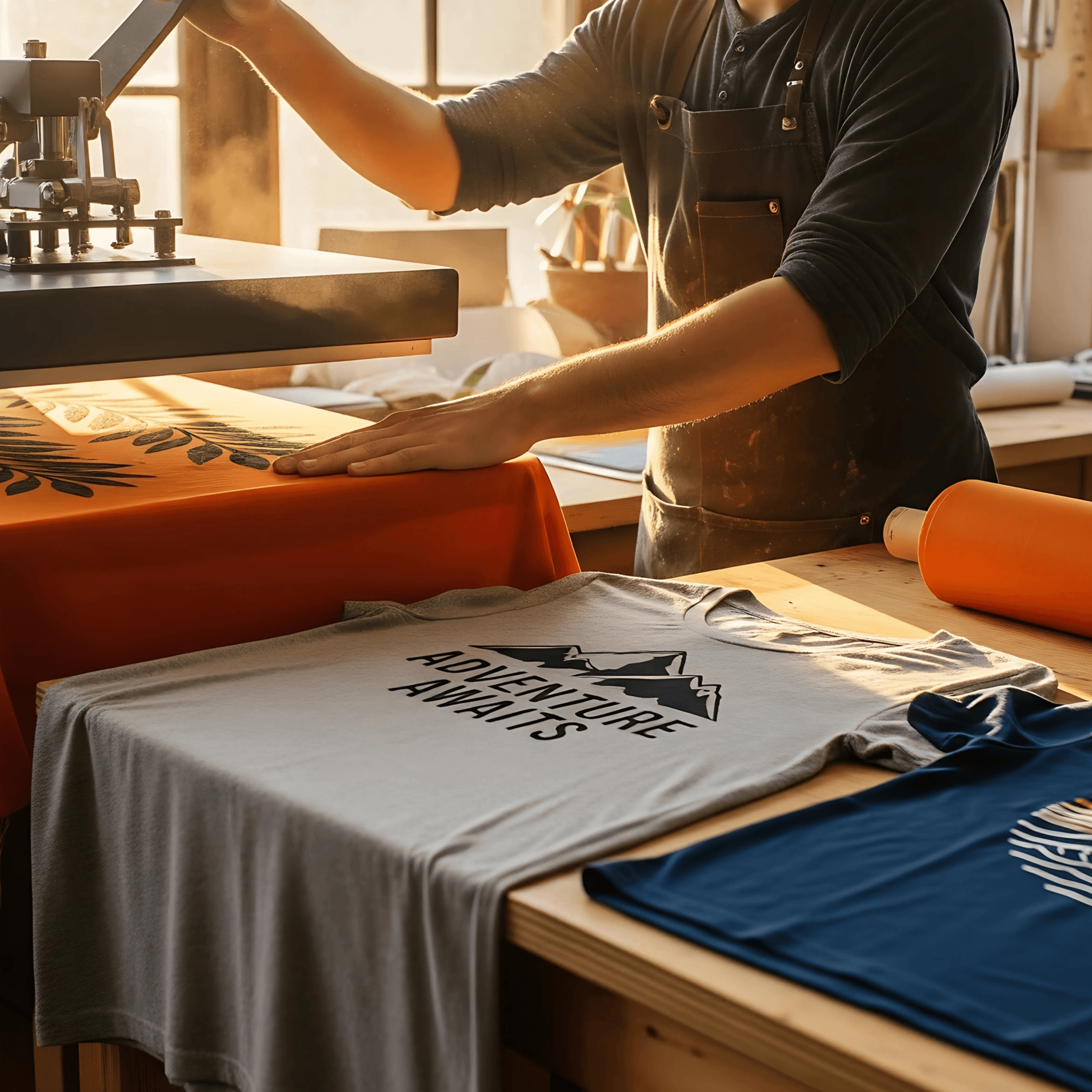 Person using a heat press machine on orange fabric beside a grey Adventure Awaits t-shirt.
