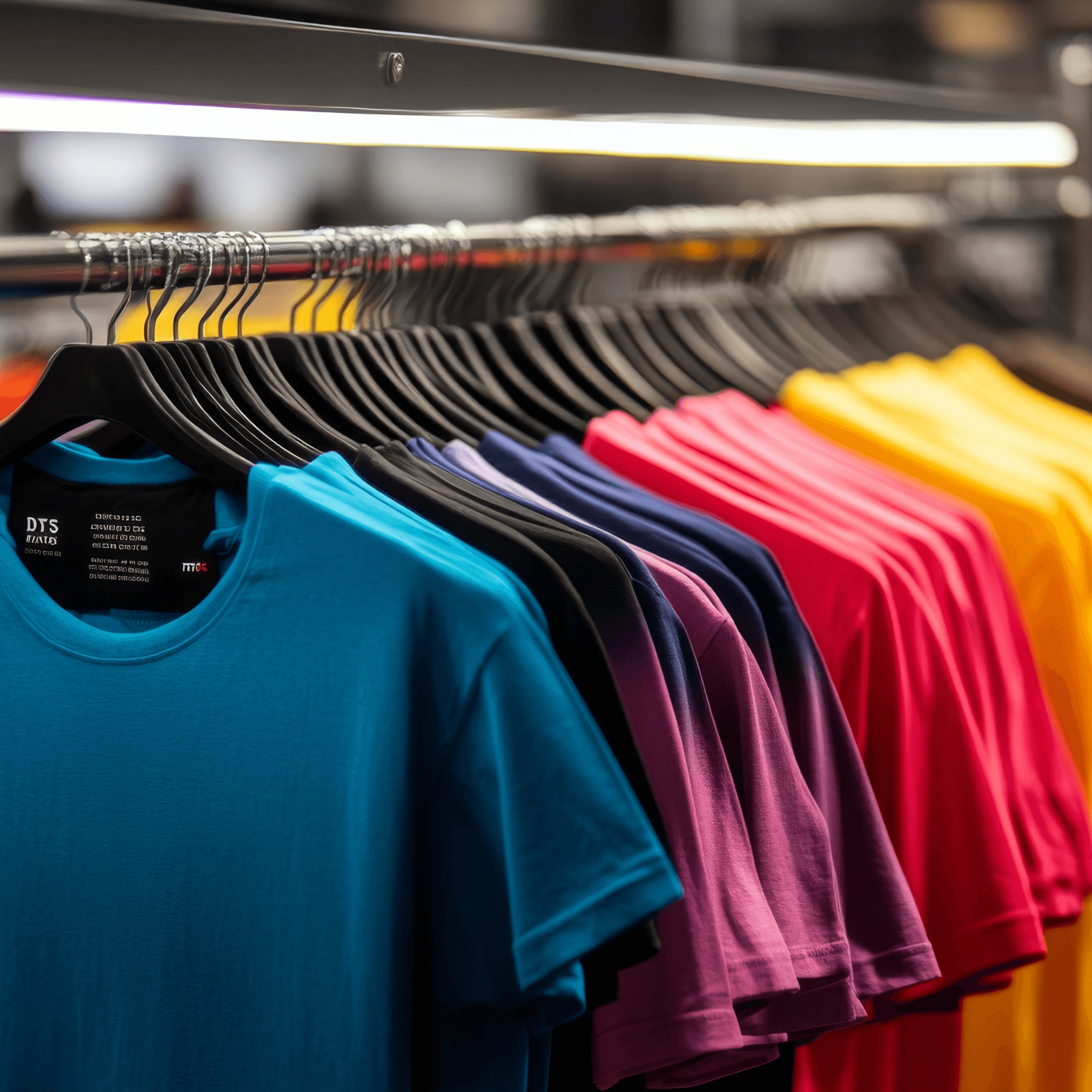 Vibrant blue, purple, pink, and yellow t-shirts hanging on a clothing rack in a store.