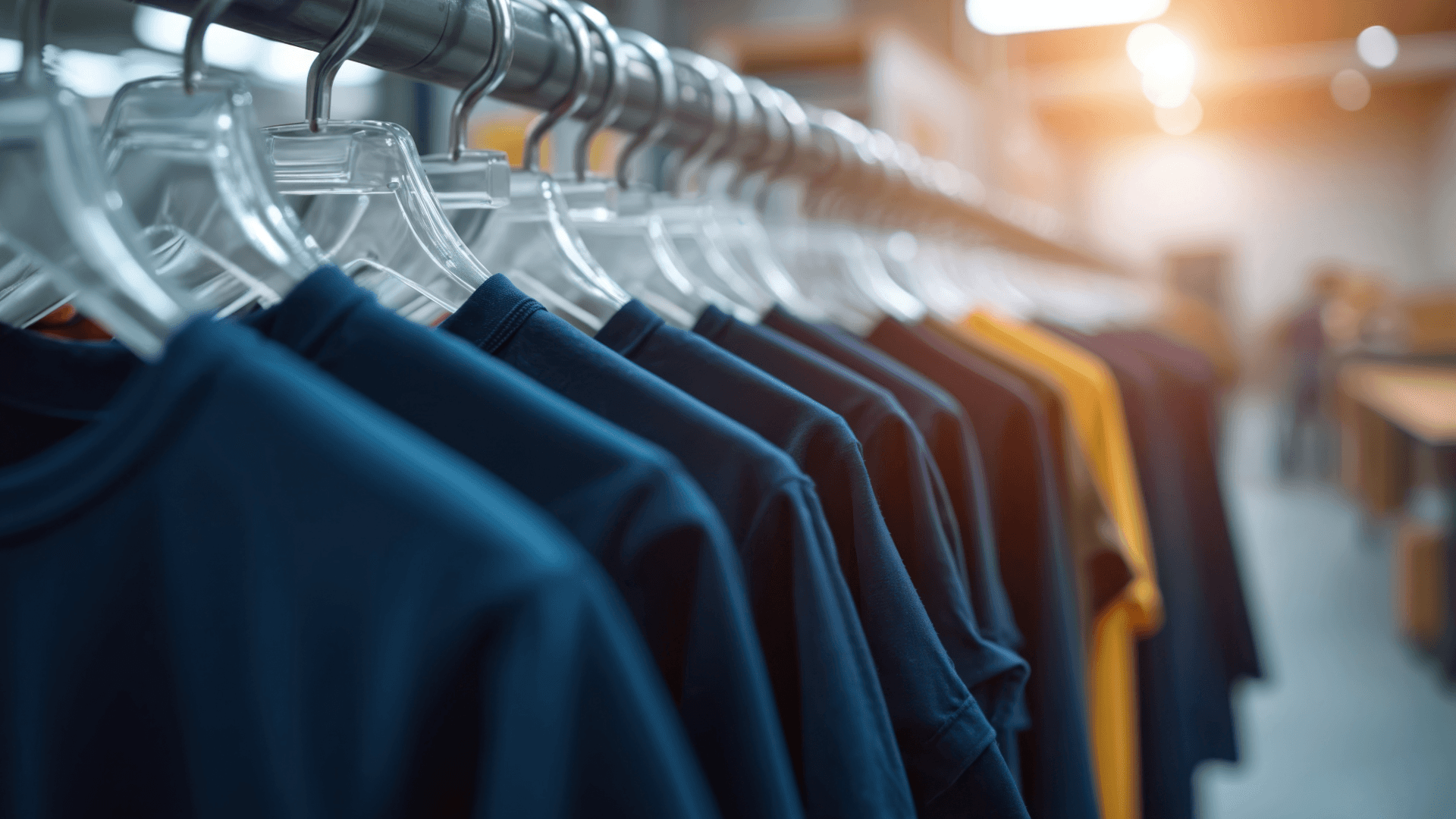Dark blue t-shirts hanging on clear plastic hangers along a metal rack in a retail store.