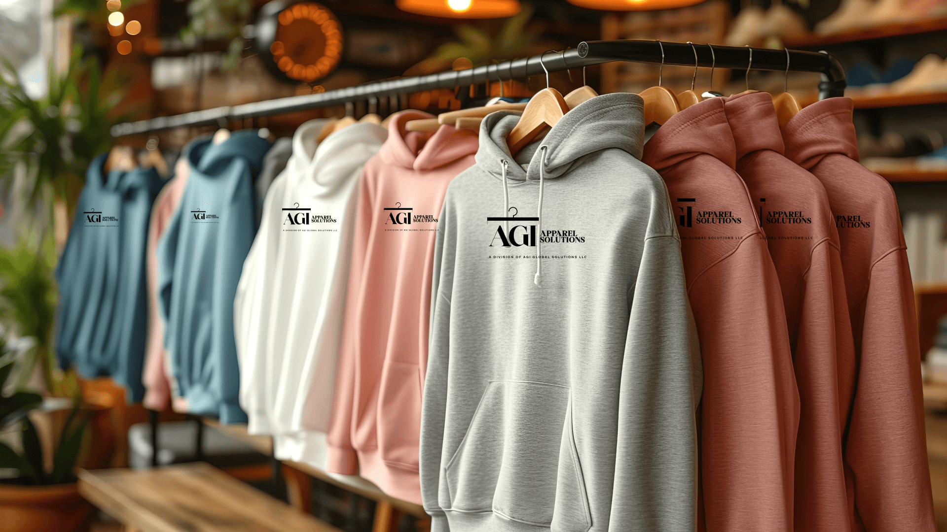 AGI Apparel Solutions branded hoodies in various colors hanging on a retail clothing rack.