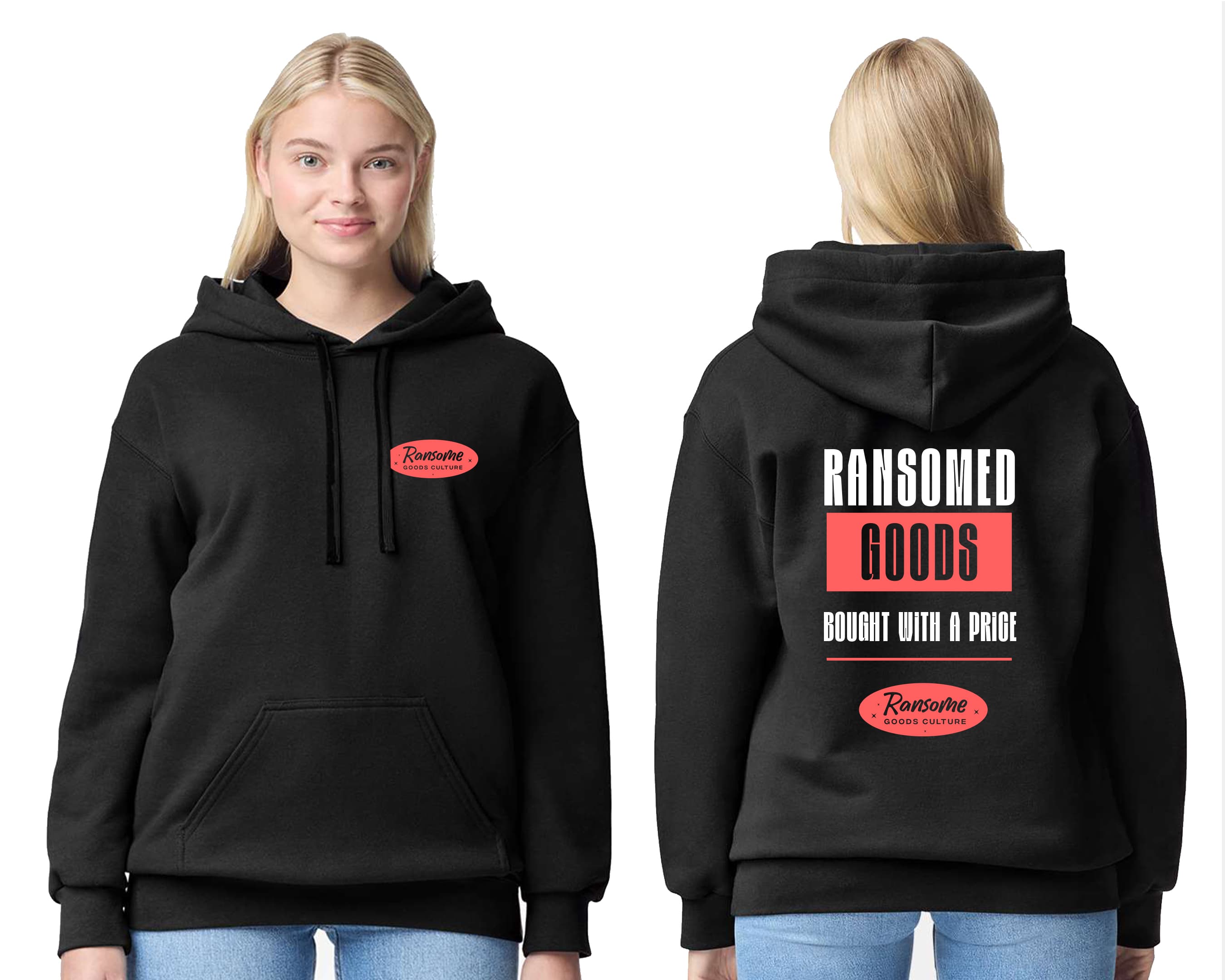 Front and back views of a woman modeling a black hoodie with Ransomed Goods graphics.