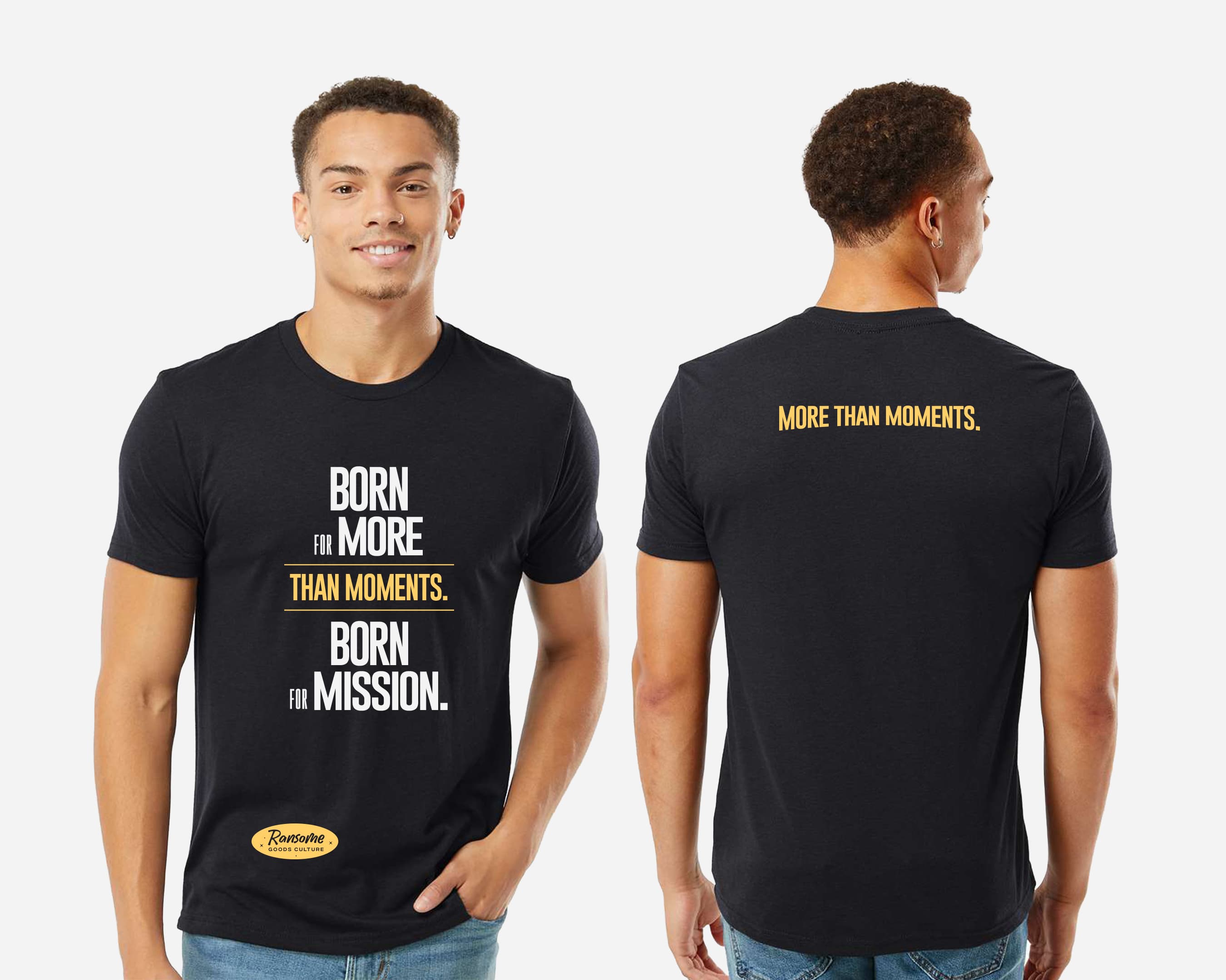 Front and back views of a man wearing a black tee with inspirational text graphics.